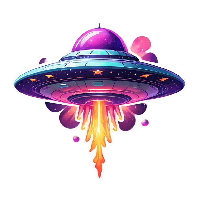 Cartoon UFO sticker featuring a purple flying saucer with a glowing orange light beam and thick white border.