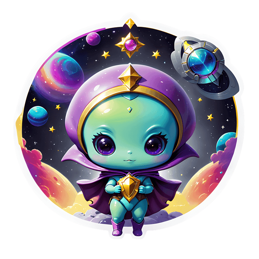 Purple hooded alien sticker holding a golden shield against a backdrop of colorful planets and stars.