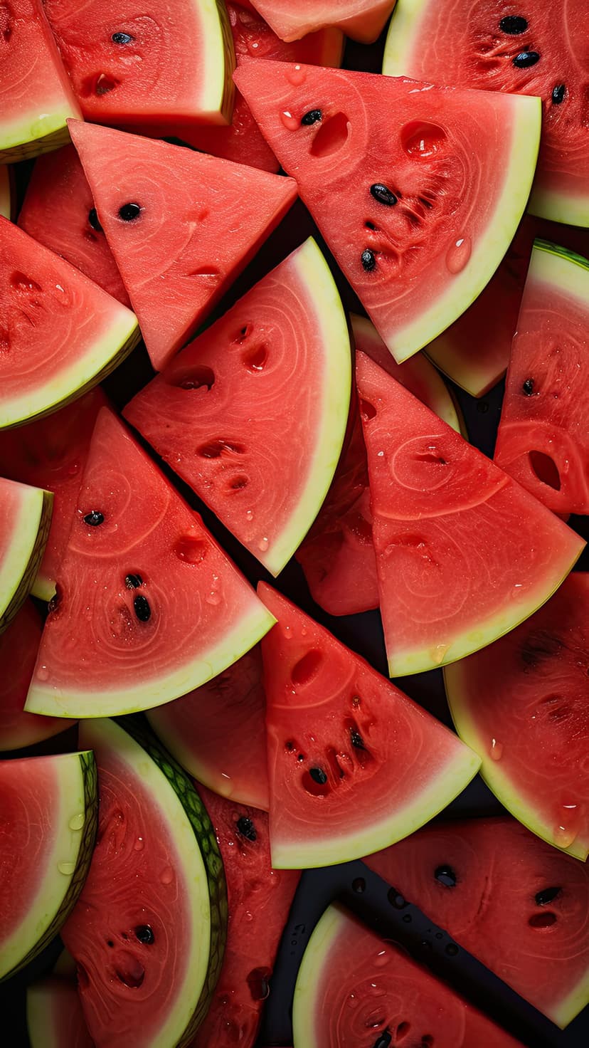 Triangular watermelon slices with black seeds and water droplets form a vibrant red and green fruit pattern.
