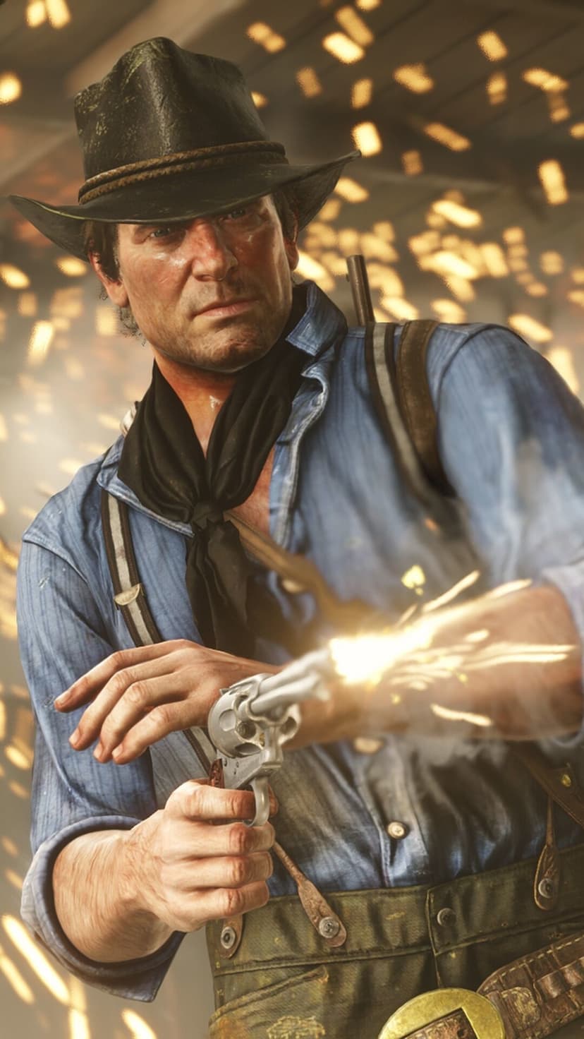Arthur Morgan fanning a silver revolver with bright sparks and smoke against a blurred background.