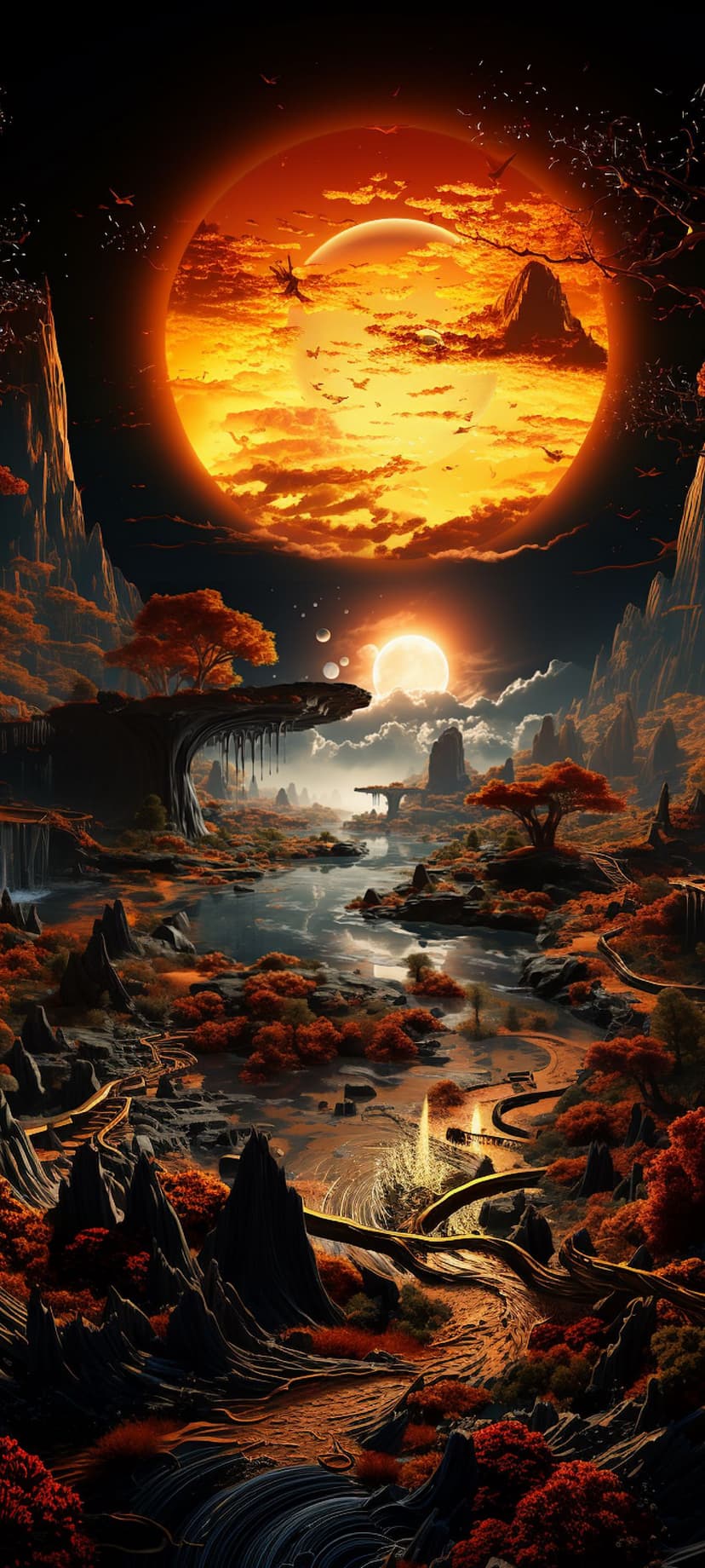 Giant orange sun hanging over a jagged alien mountain range with twisted trees and a reflecting winding river.