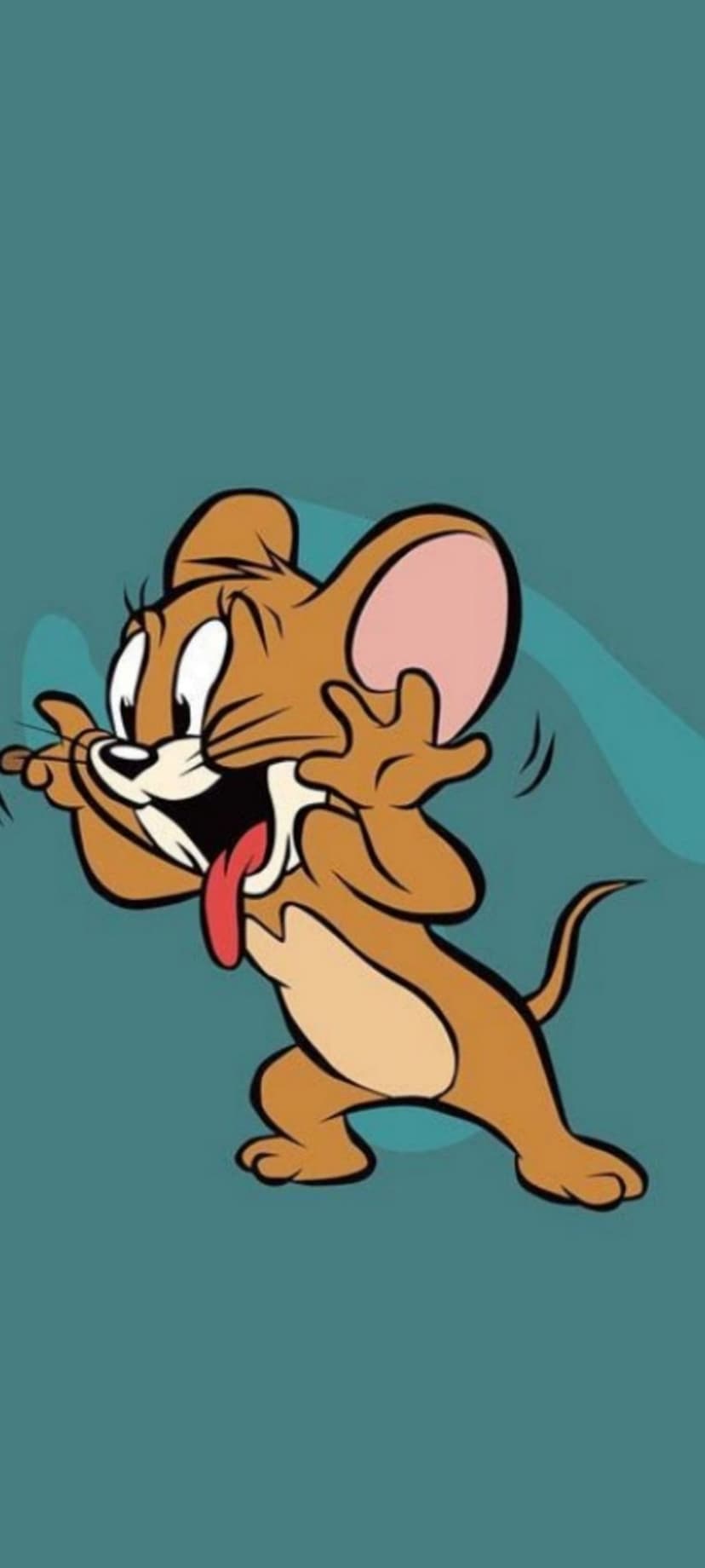 Jerry the Mouse with mouth open and tongue out, posing excitedly against a flat teal studio backdrop.
