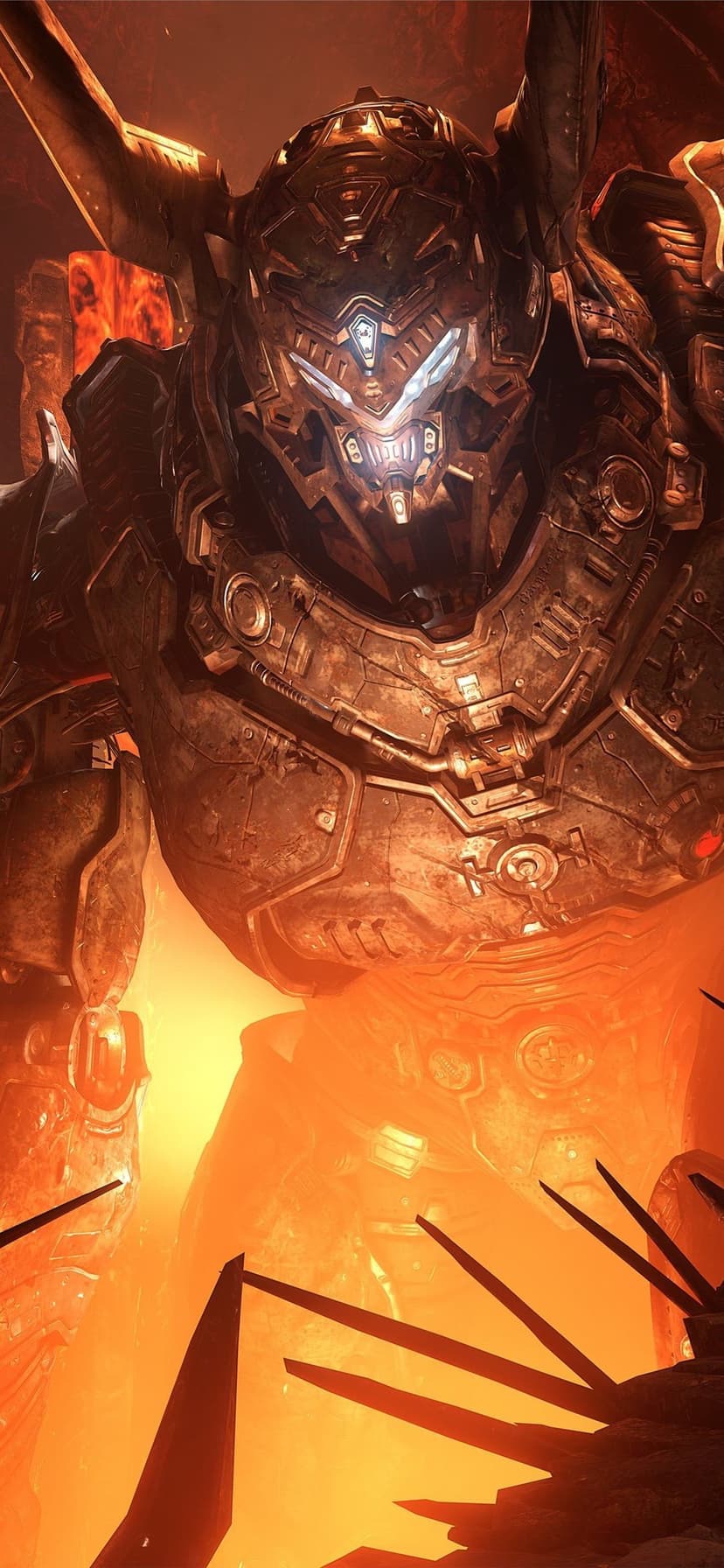 Giant armored robot with glowing blue eyes and horns standing in a bright orange volcanic lava field.