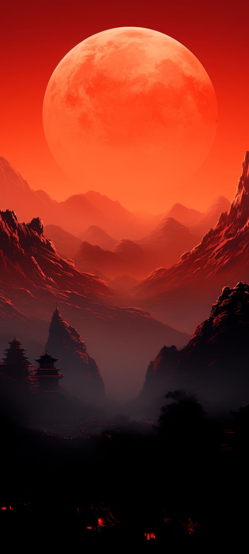 Giant red moon looms over misty mountain peaks and lit Asian pagodas in a glowing orange sky at night.