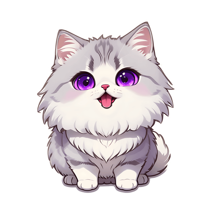 White kitten sticker graphic with purple eyes and fluffy fur texture shown from a front-facing perspective.