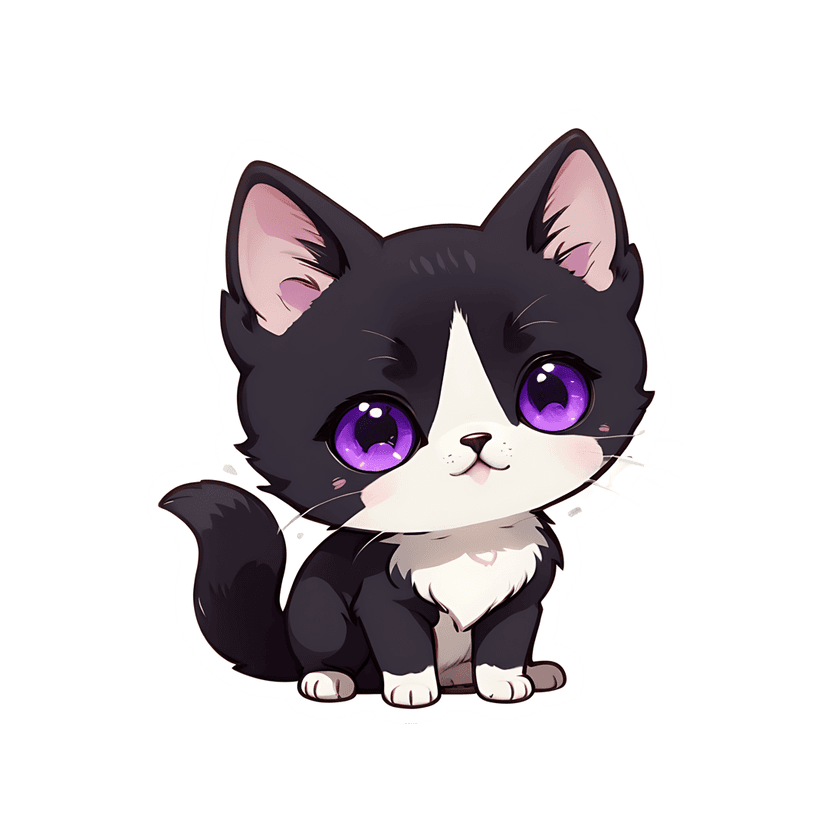 Black and white kitten sticker shows a seated feline with large purple eyes, pink nose, and white outline.