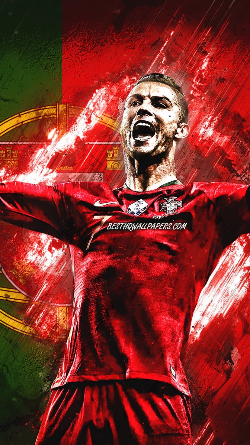 Cristiano Ronaldo in a Portugal kit stands before a textured red and green flag with a grit aesthetic style.