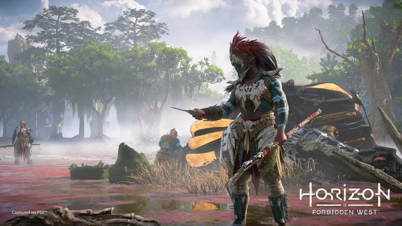 Tenakth warrior in feathered armor stands in a red swamp near a downed machine in Horizon Forbidden West.