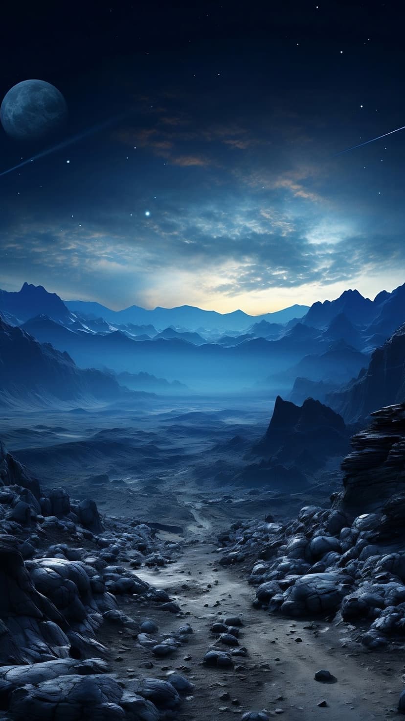 Jagged mountain peaks under a giant moon and starry sky with a rocky path leading through blue-hued mist.