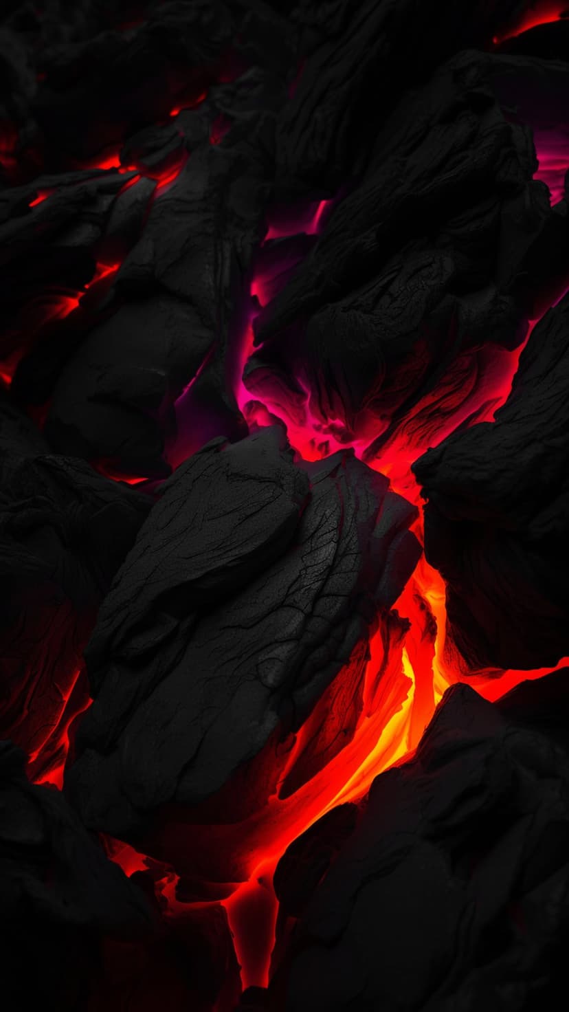 Molten orange lava seeping through jagged cracks in dark volcanic rock creates a glowing, high-contrast texture.
