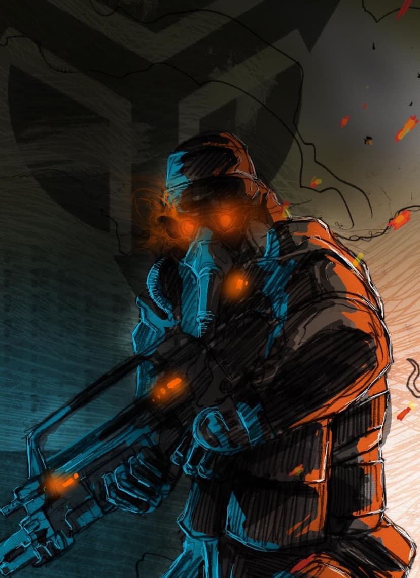 Futuristic soldier with glowing eyes wearing a dark gas mask and tactical armor while holding an assault rifle.