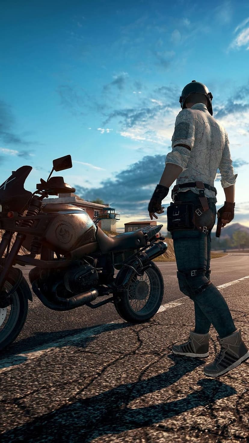 Tactical soldier stands next to a motorcycle on a cracked road under a dark, dramatic cloudy sky in the distance.
