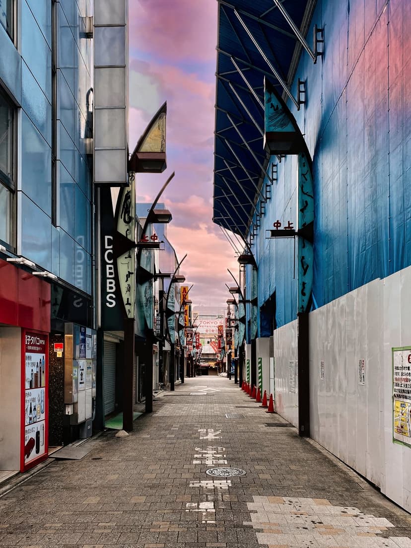 Lone pedestrian walking down a narrow stone alleyway under a brilliant pink and purple sunset sky in Japan.
