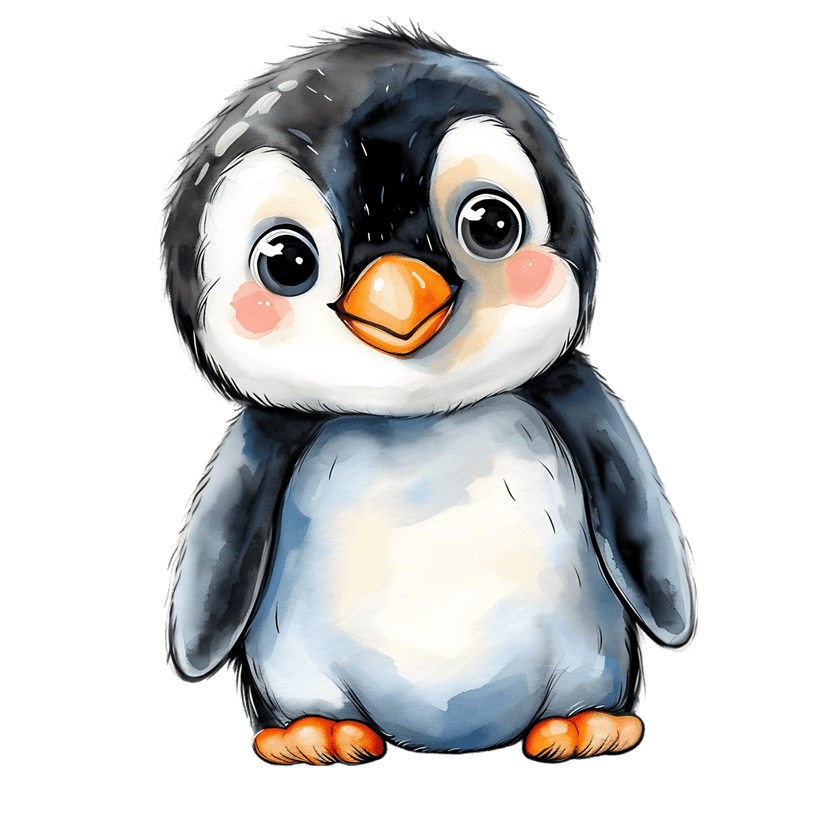 Baby penguin watercolor illustration featuring soft grey feathers, orange feet, and large eyes on black space.
