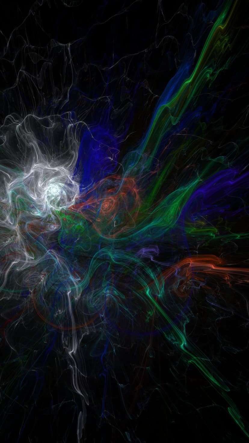 Luminous white, blue, green, and red light trails swirl against a solid black background in a cosmic pattern.