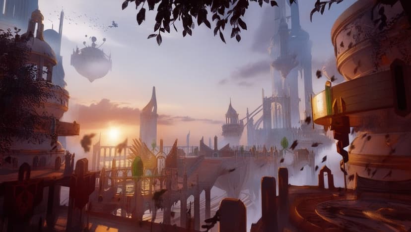 Ancient stone towers on floating islands drift through a golden sunset sky with hazy mountain peaks below.