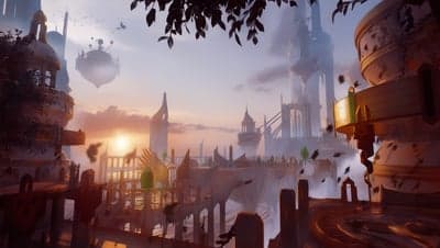 Surreal floating city at sunset