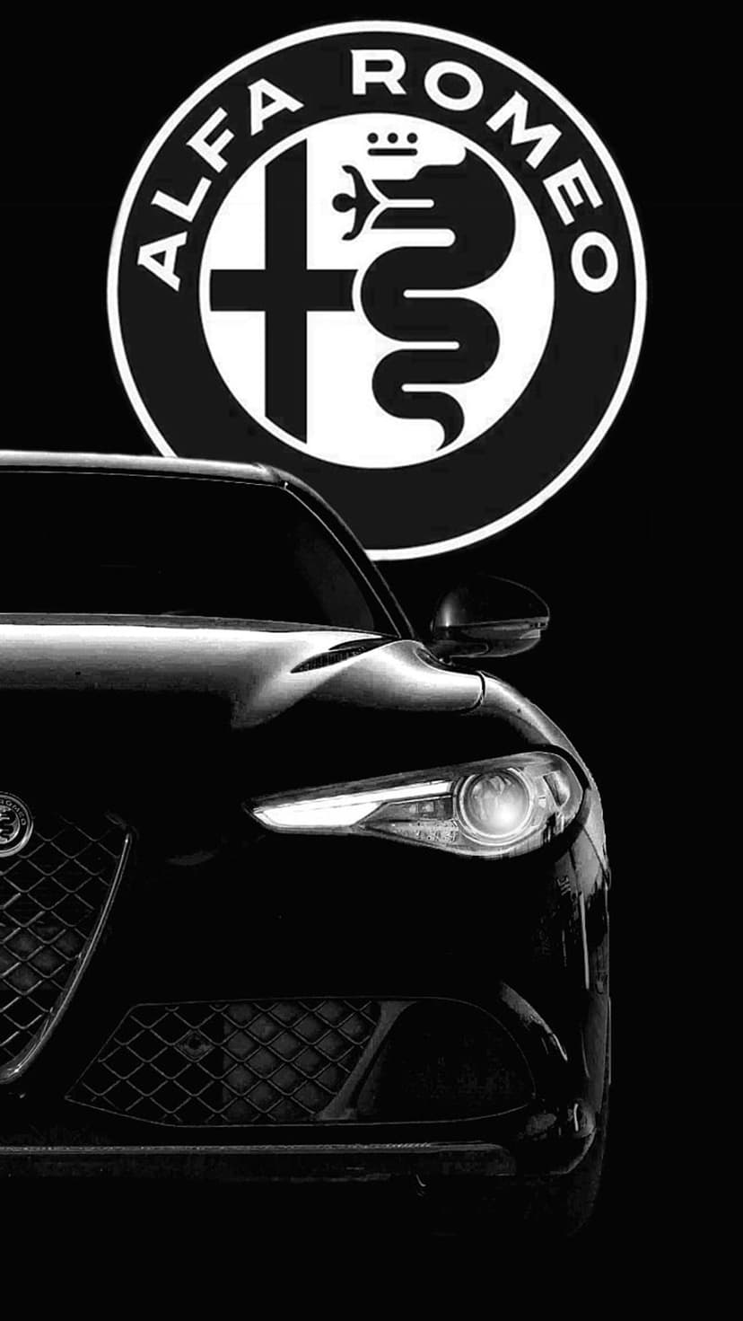 Alfa Romeo badge and front grille highlighted in a high-contrast black and white vertical automotive composition.