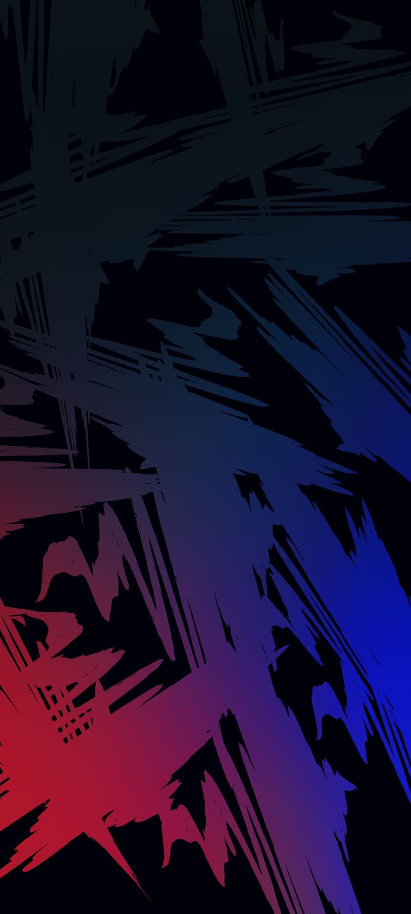 Textured red and blue paint strokes slash diagonally across a dark backdrop with sharp, jagged edges.