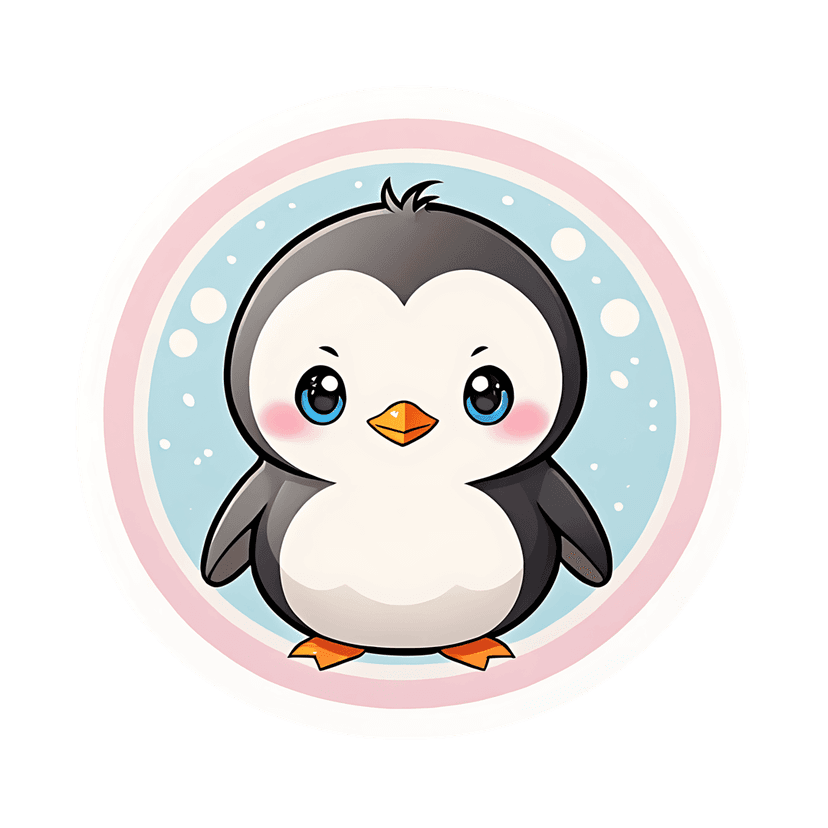 Baby penguin sticker with large blue eyes and rosy cheeks centered within pink rings on a blue dotted background.