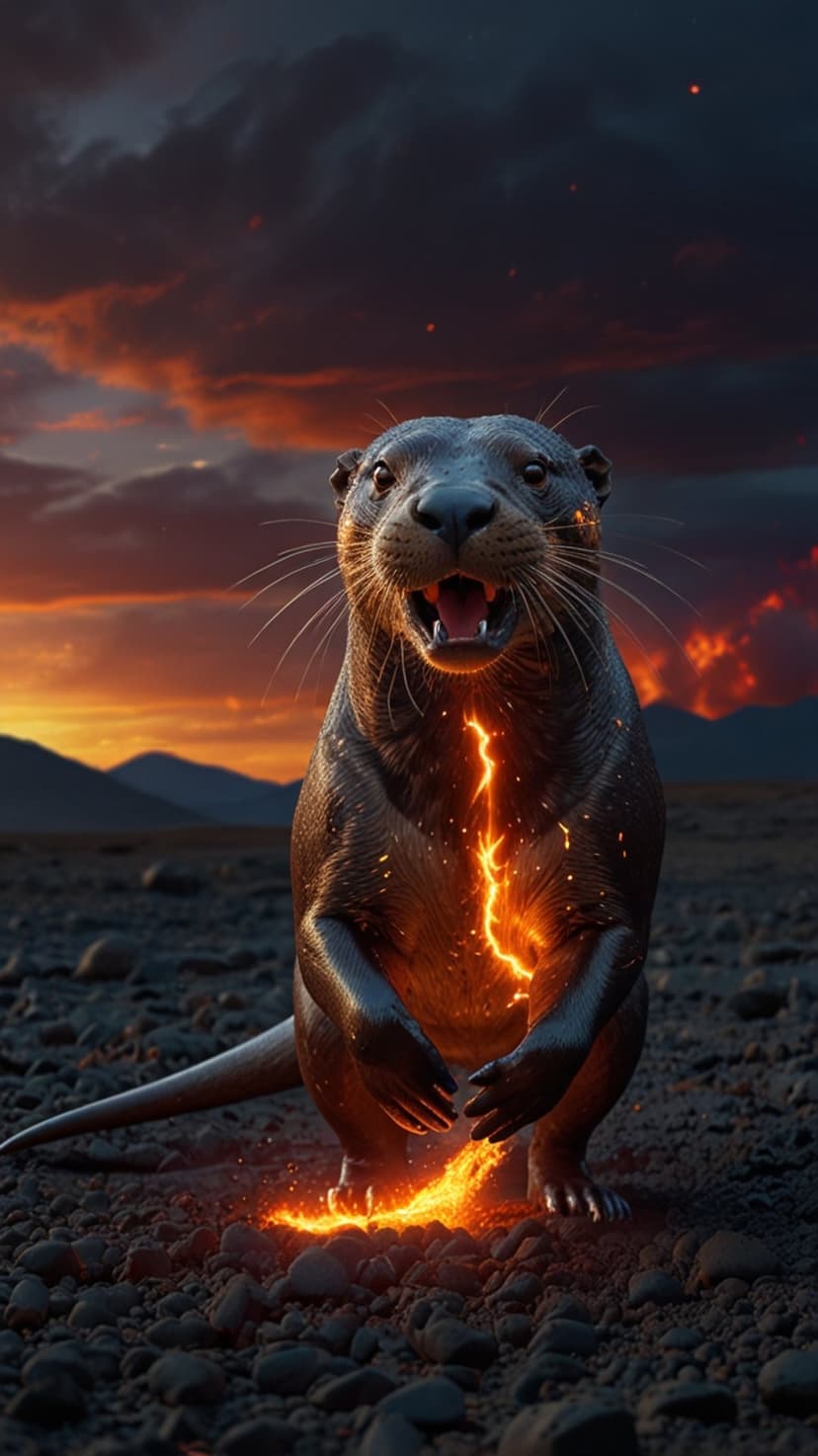 Fiery otter with glowing embers roars on a rocky cliff under a dramatic orange and red volcanic sunset sky.