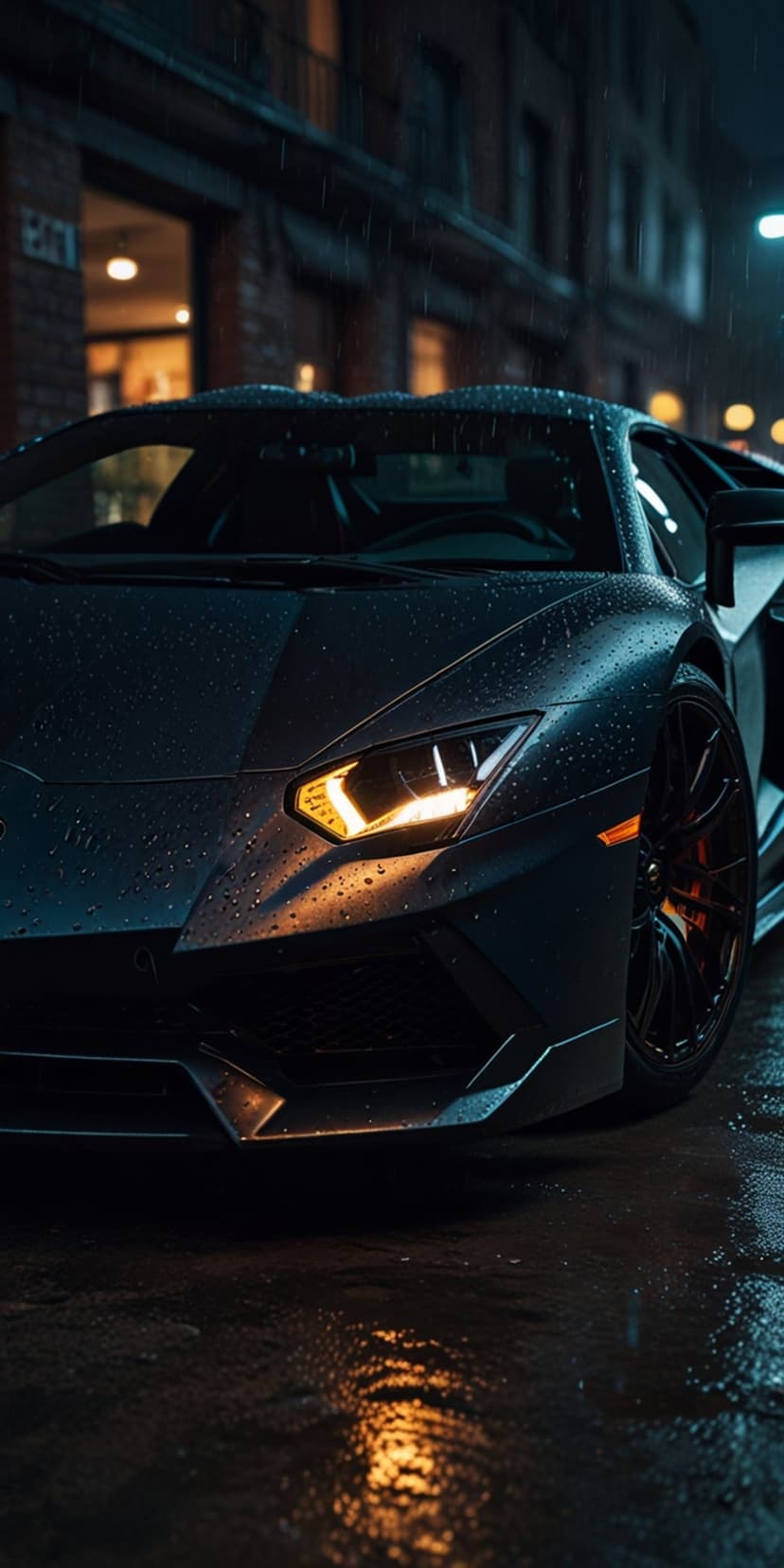 Lamborghini Aventador parked on a wet city street at night with raindrops reflecting glowing urban lights.