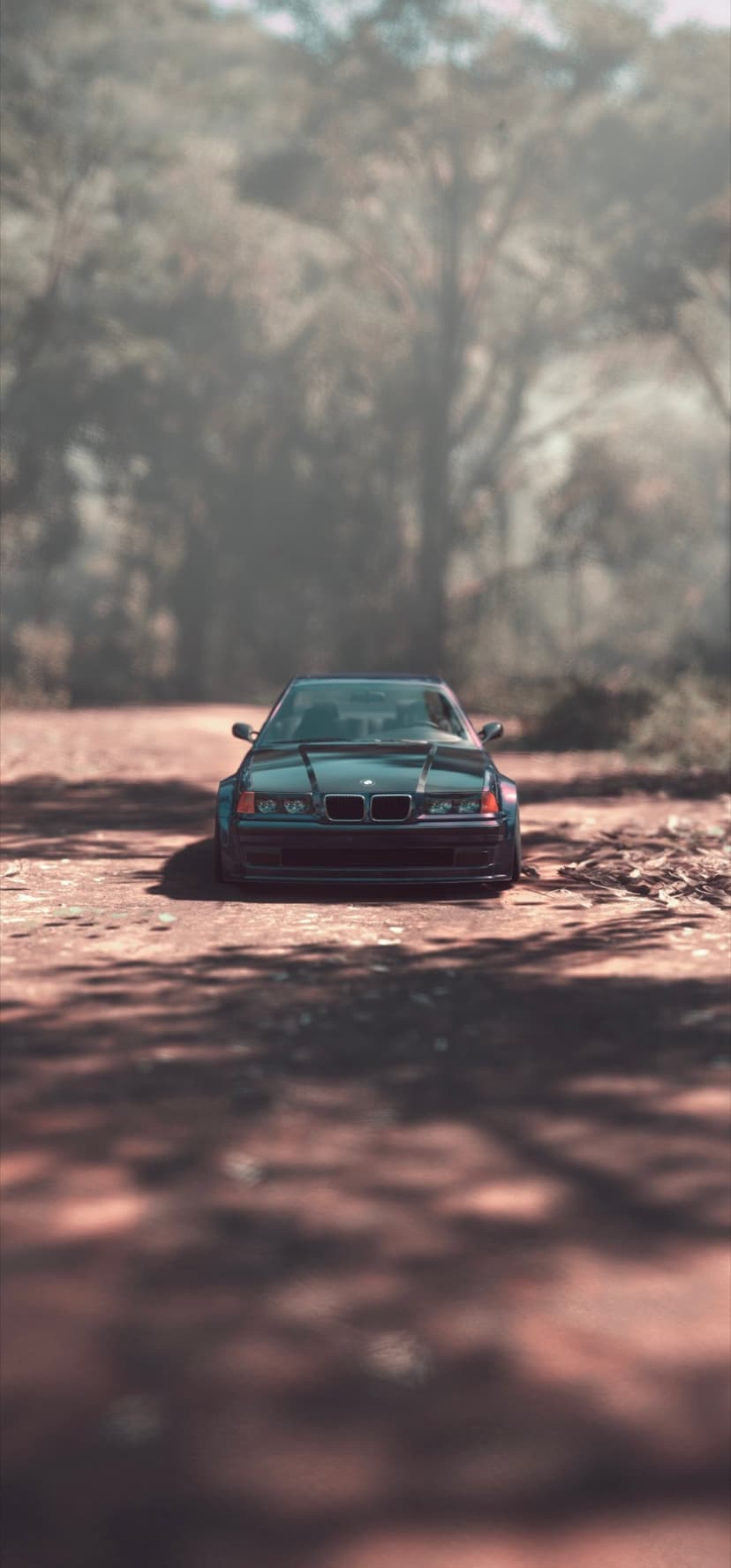 BMW E36 M3 with wide body kit on a dusty forest road under dappled sunlight and soft tree shadows.