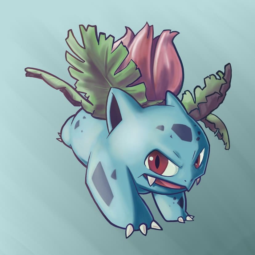 Ivysaur with a pink flower bud and green leaves leaping forward against a teal blue gradient background.