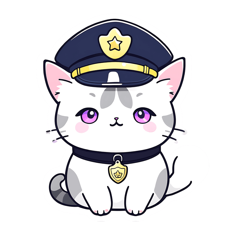 White feline police officer sticker featuring a navy hat with gold badge, purple eyes, and glossy finish.
