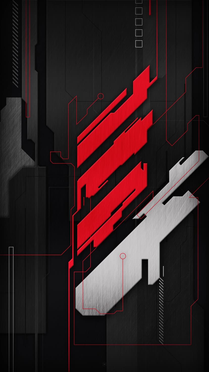 Red glowing circuit lines traverse a dark gray geometric texture with metallic silver accents and sharp angles.
