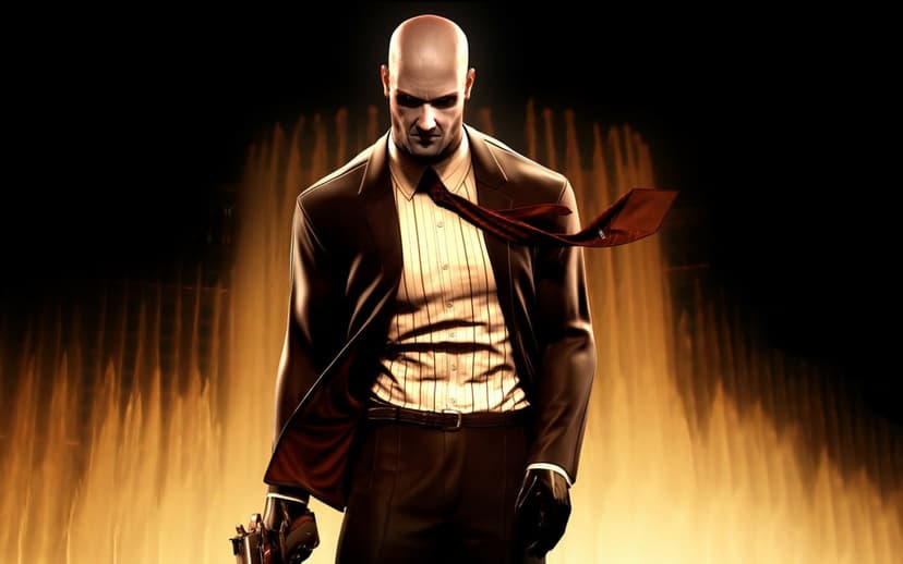 Agent 47 in a suit holding a pistol against a backdrop of golden light fountains with a flowing red tie.