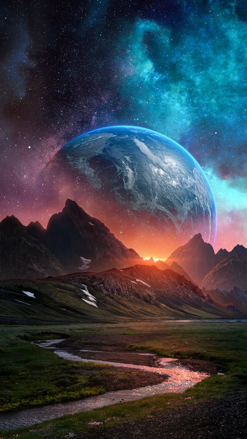 Jagged peaks and a river lie under a large Earthrise and glowing pink nebula in an alien mountain landscape.