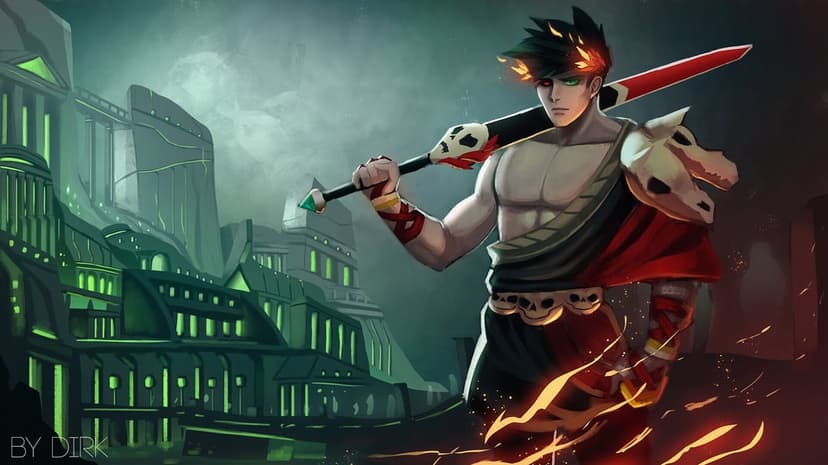 Zagreus holding a red sword over his shoulder with glowing laurels against a green underworld backdrop art.