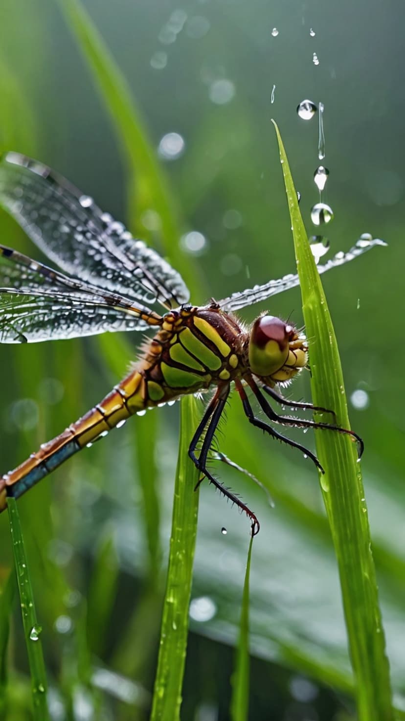 Dragonfly with wet wings perches on a blade of grass while raindrops fall in a blurred green background.