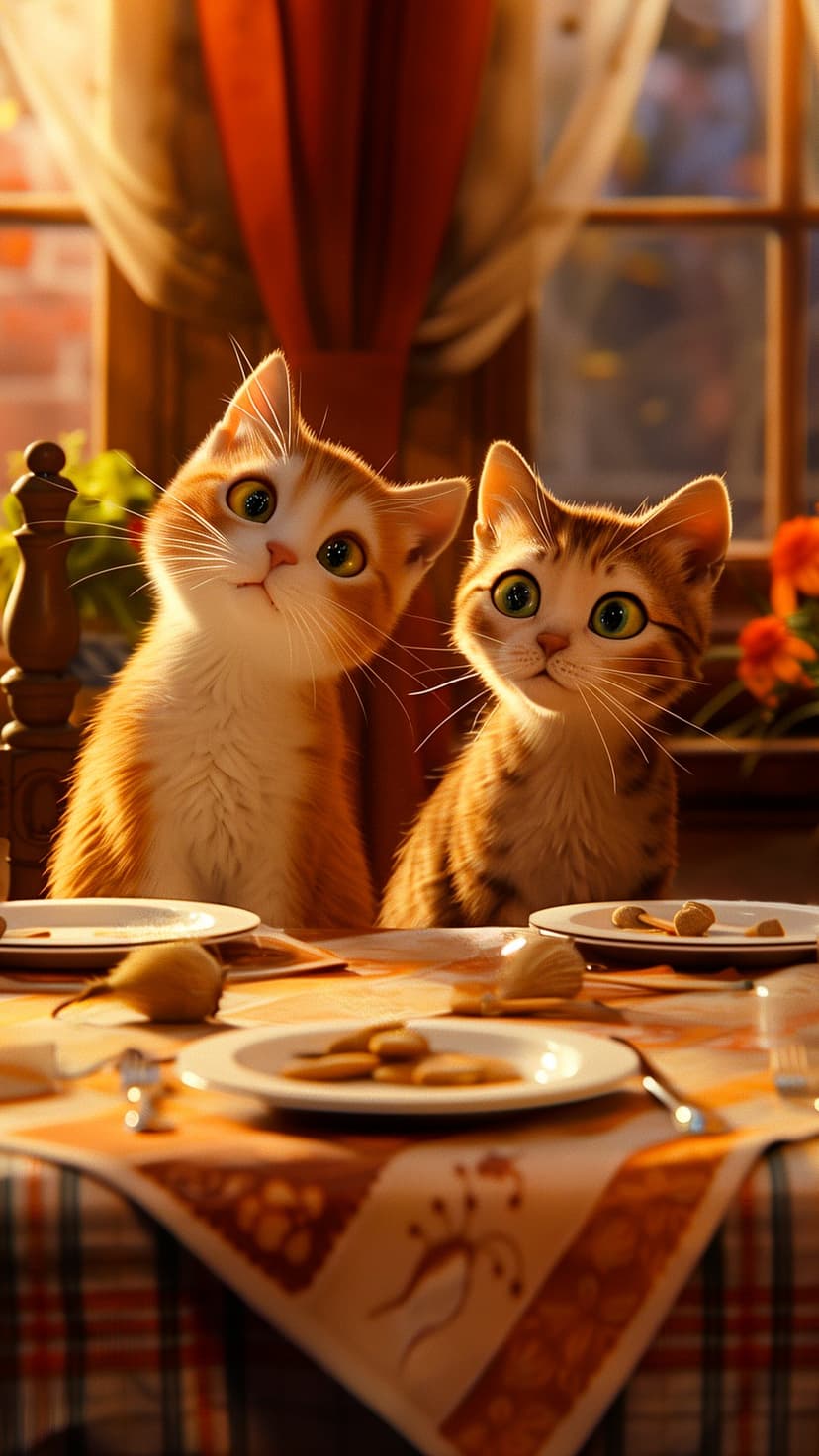 Two fluffy kittens sit at a wooden table beside plates of cookies and pears under warm, golden indoor lighting.