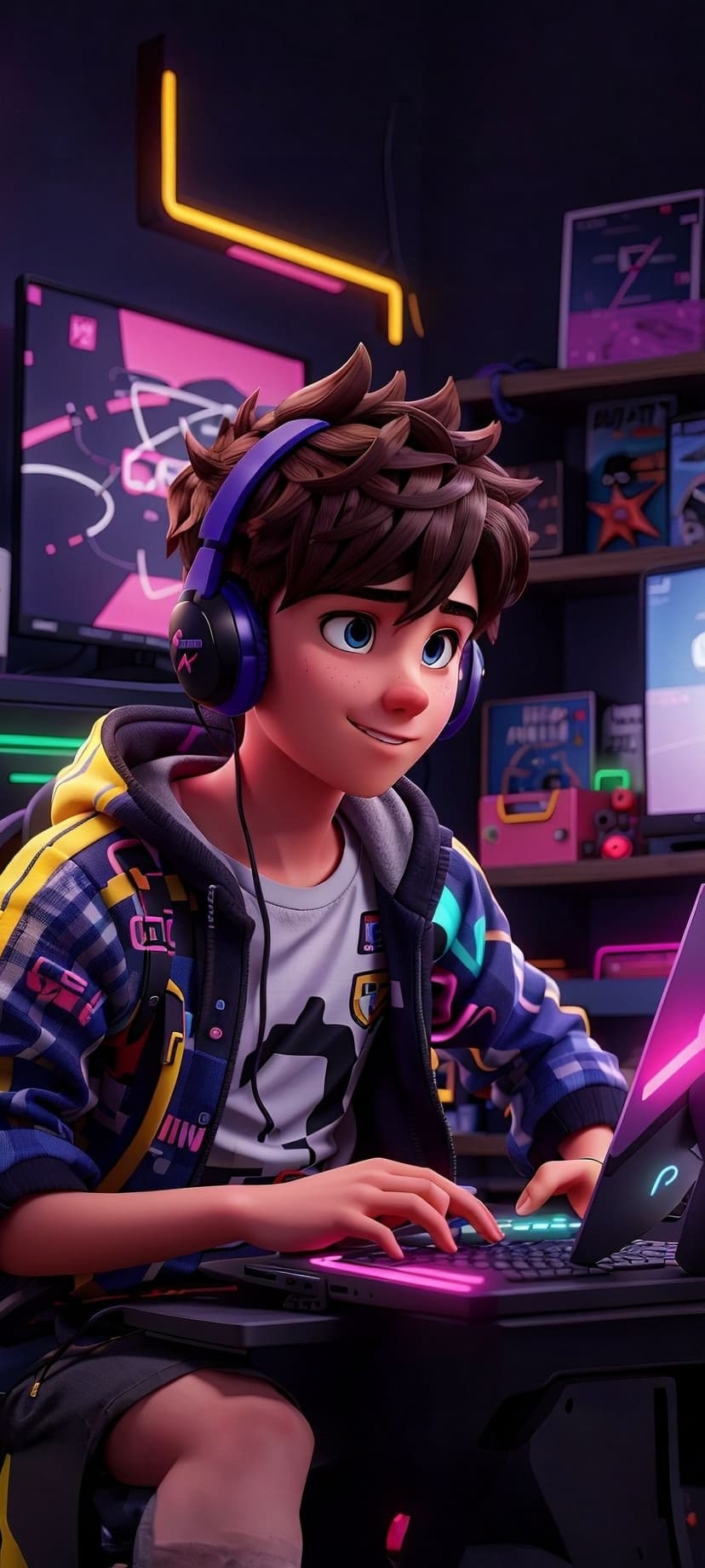 Boy with brown hair and purple headphones gaming on a laptop in a room filled with vibrant neon blue highlights.