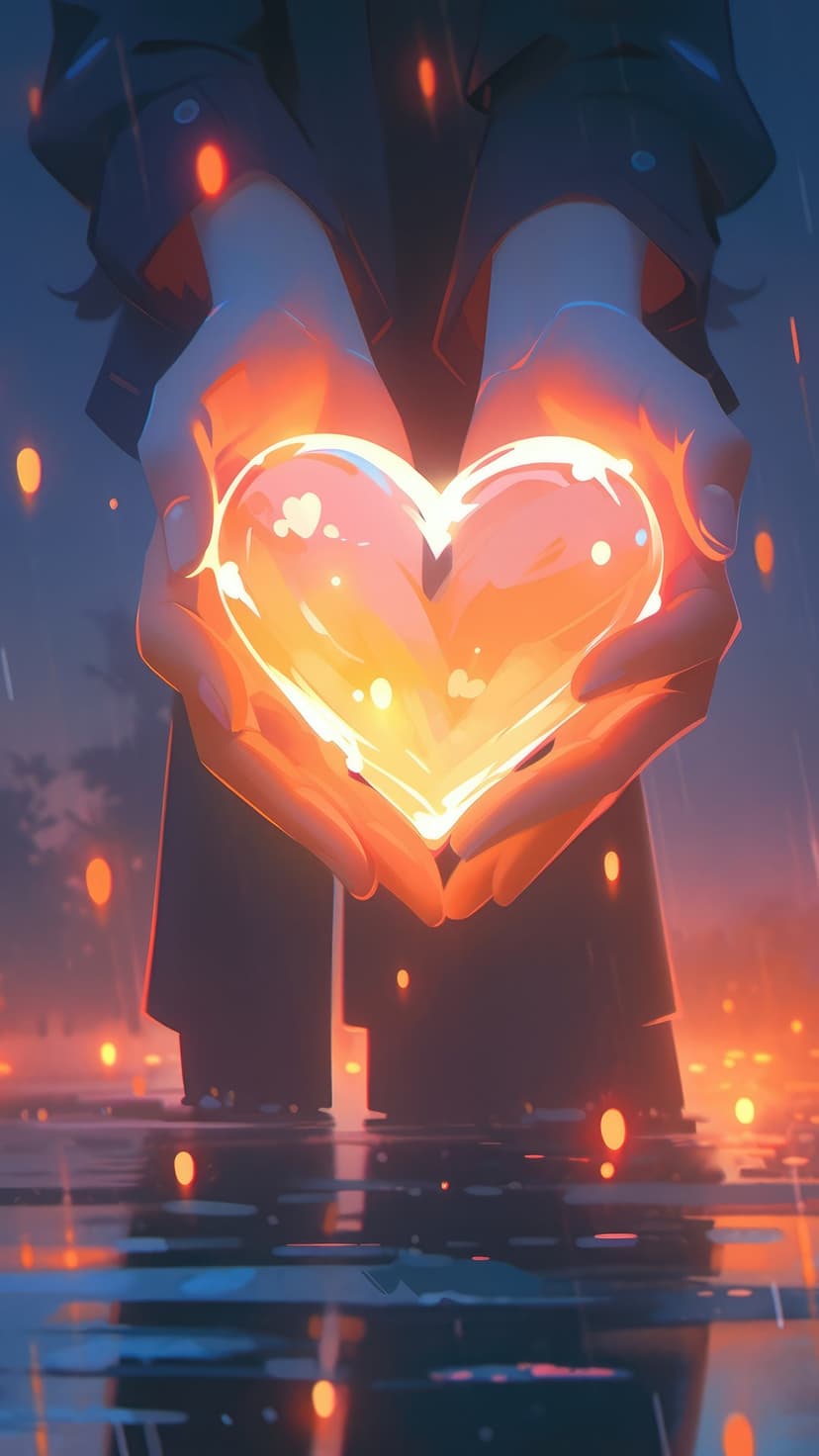 Cupped hands hold a glowing translucent orange heart as blurred city lights reflect on rainy night streets.