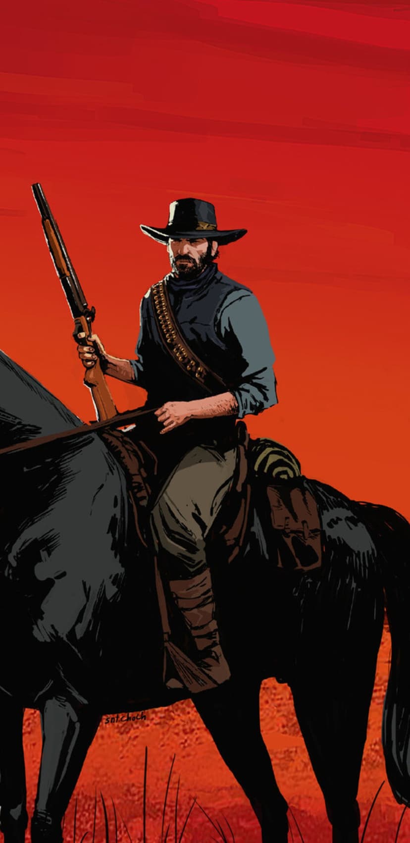 Rugged cowboy with a rifle riding a black horse against a solid red sky background in a stylized art portrait.