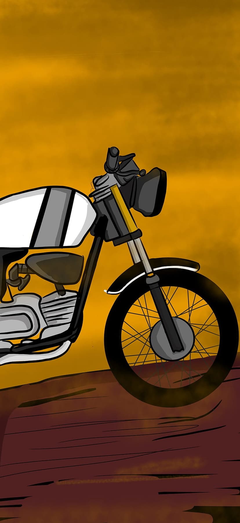 Vintage motorcycle with spoked wheels and chrome details parked before a vibrant orange and yellow gradient sky.