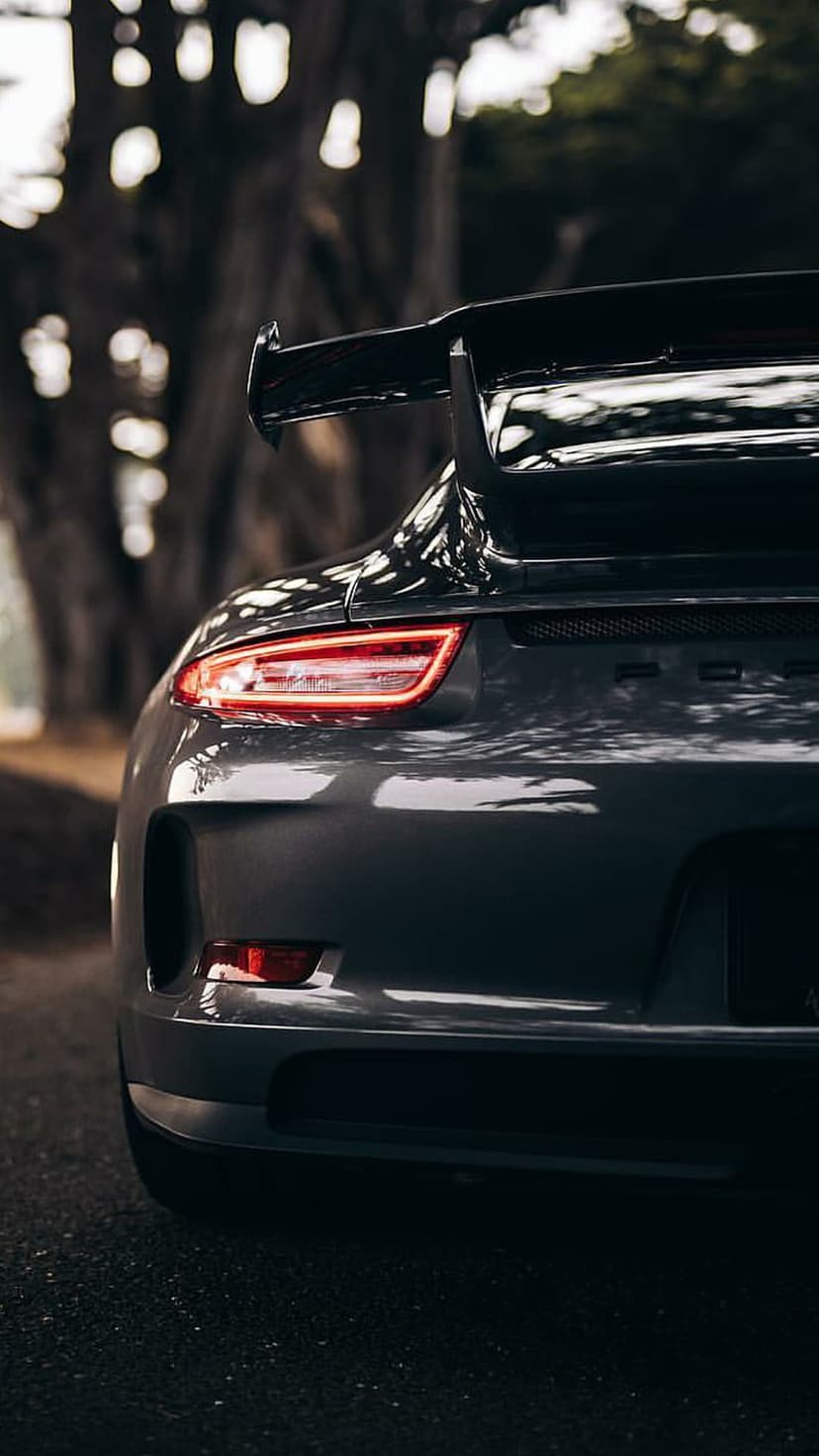 Porsche 911 GT3 rear view featuring a large wing and red taillights on a tree-lined asphalt road at dusk.