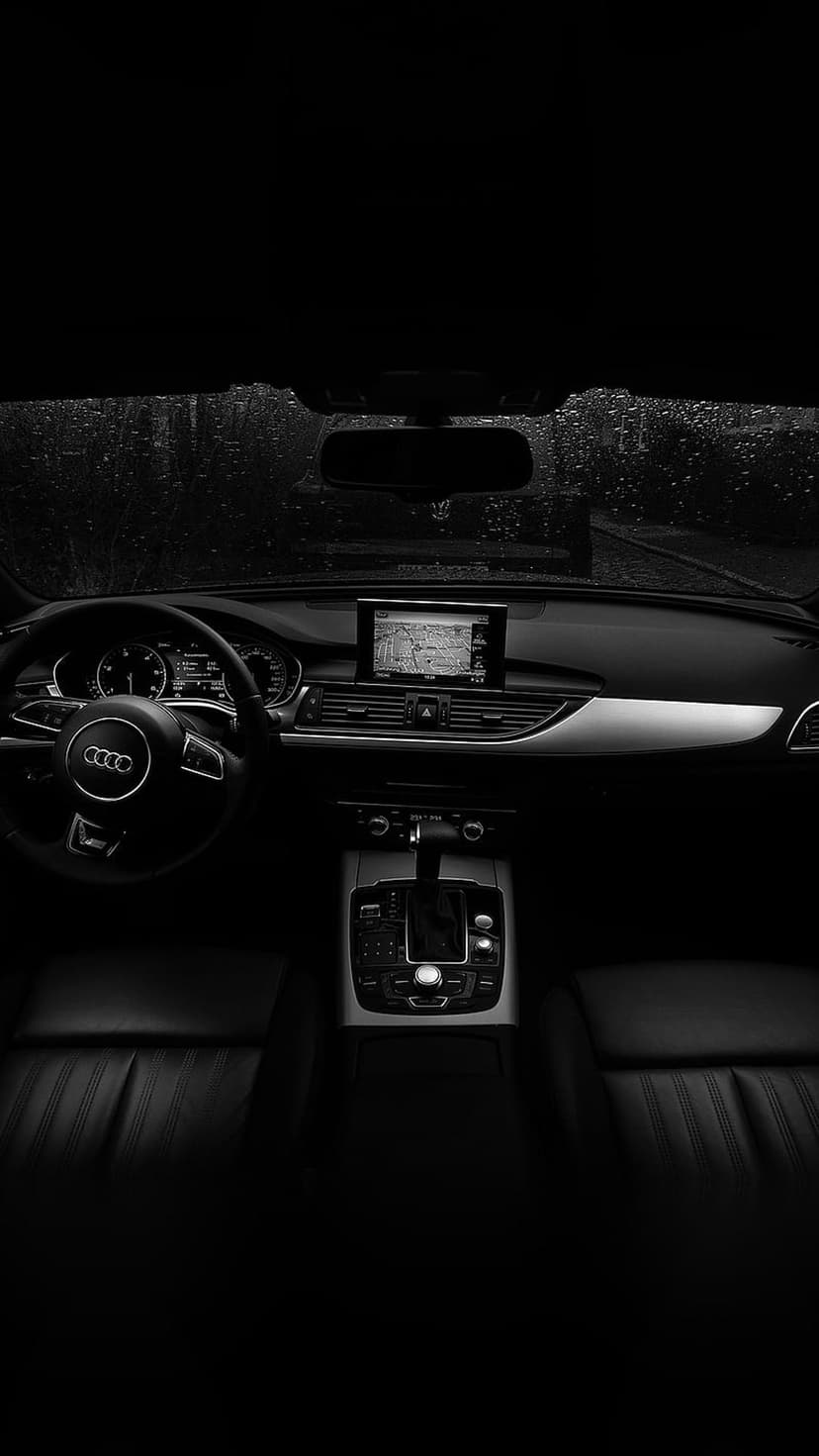 Audi steering wheel and glowing dashboard behind a windshield covered in raindrops during a moody, rainy drive.