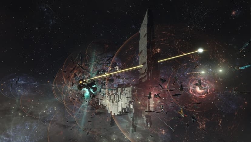 A giant space station surrounded by hundreds of ships and golden laser beams amid orange energy spheres.