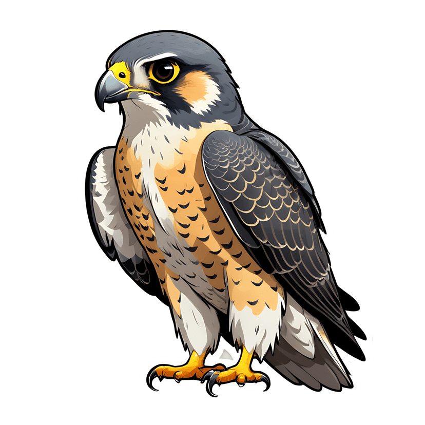 Peregrine falcon profile with grey feathers, orange chest, and yellow beak on a transparent background.