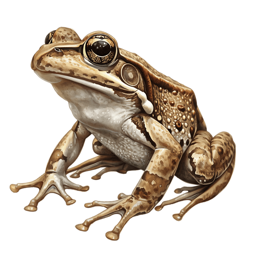 Realistic brown frog sits in a profile view on a black background showing its webbed feet and golden eyes.
