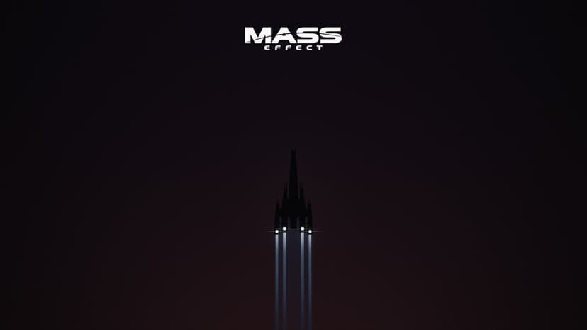 Silhouette of the Normandy ship from Mass Effect with blue engine trails on a dark minimalist background.