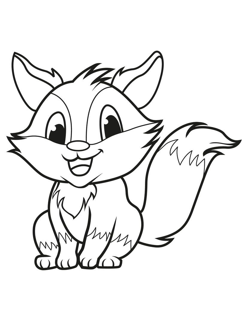Fox line art coloring page shows a sitting cartoon animal with a bushy tail and thick black outlines on white.