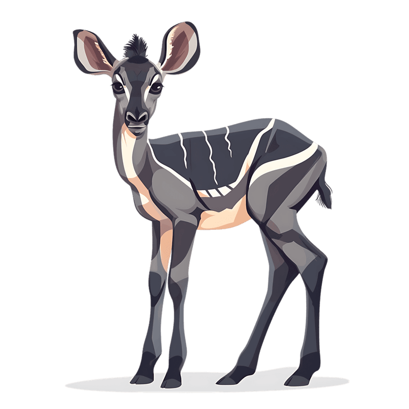Baby kudu antelope illustration shows vertical white stripes on gray fur with large ears and a tufted head.