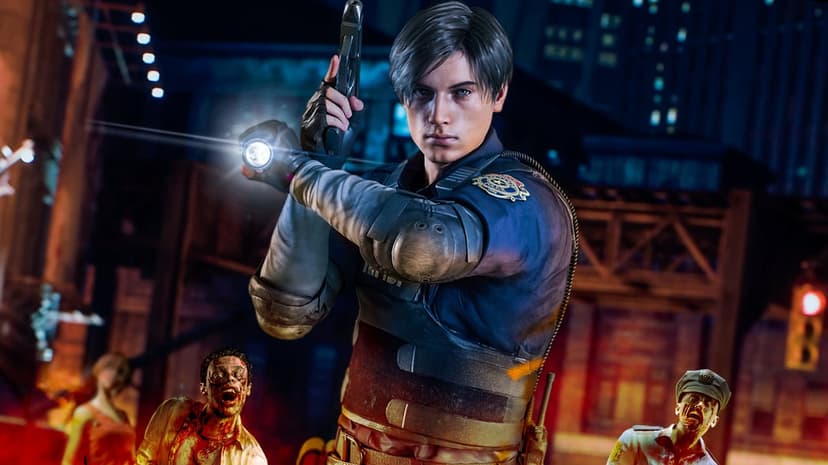 Leon Kennedy in RPD uniform holding a gun and flashlight amidst zombies in a dark ruined city street at night.