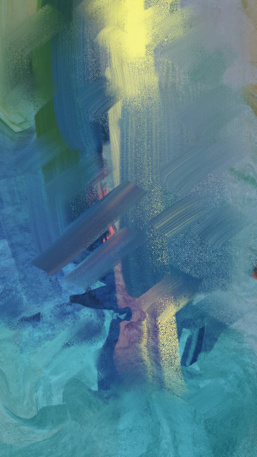 Thick blue and yellow brushstrokes layer together with green accents to create a textured abstract composition.