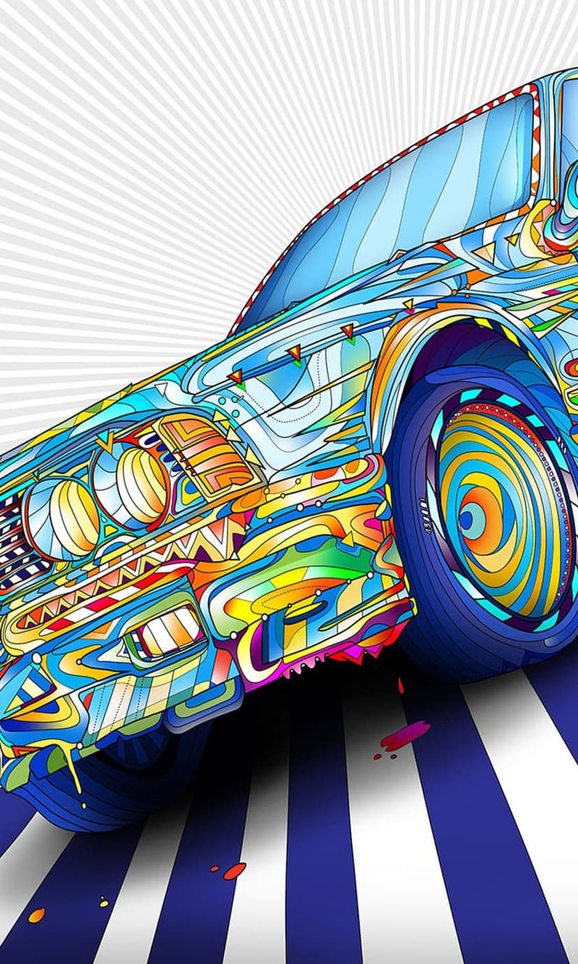 Stylized racing car with rainbow geometric patterns and blue stripes accelerating against a radiating background.